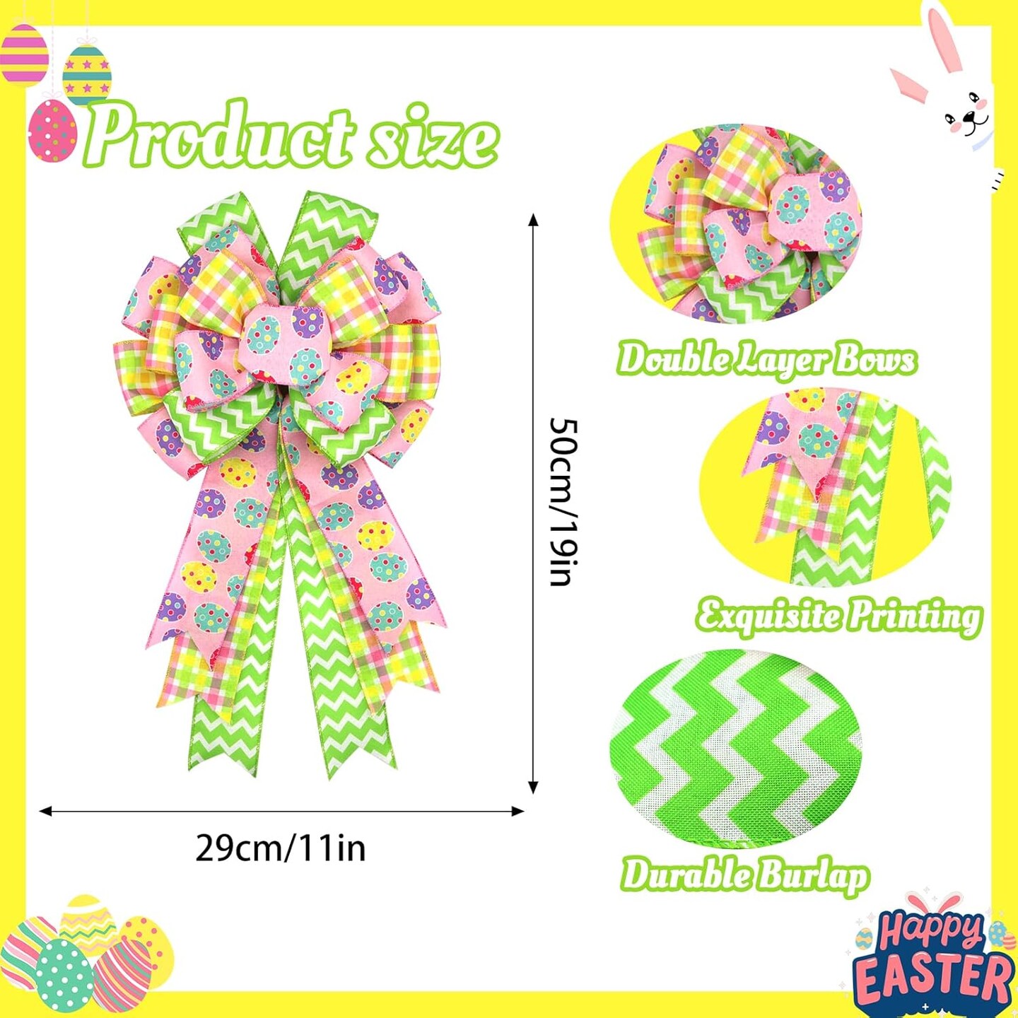 Large Easter Bows for Wreath 20x11 Inch, 2 Pack Pre-Tied Easter Egg Wired Ribbon Bow, Big Tree Topper Bow for Front Door Indoor Outdoor Spring Summer Decoration (Yellow)