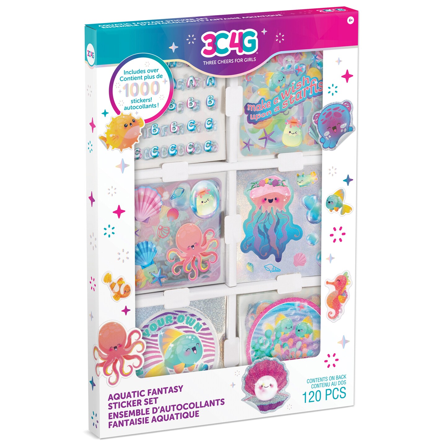 3C4G: Aquatic Fantasy Sticker Set - 120 Sheets w/ 1000+ Ocean-Inspired Stickers, Holographic Foil &#x26; Glitter Finishes, Three Cheers For Girls, Kids 6+