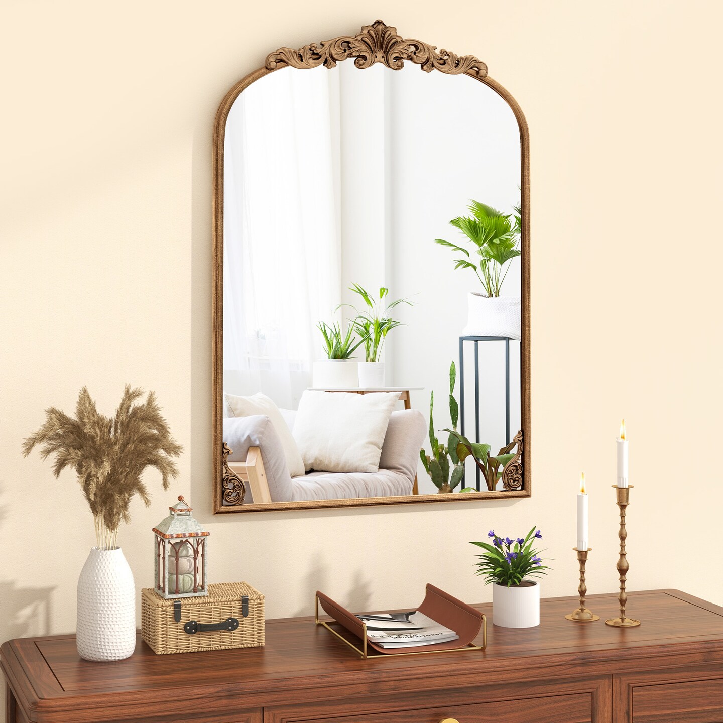 Arched Mirror for Wall Gold Traditional Vintage Ornate Baroque Mirror with Metal Frame