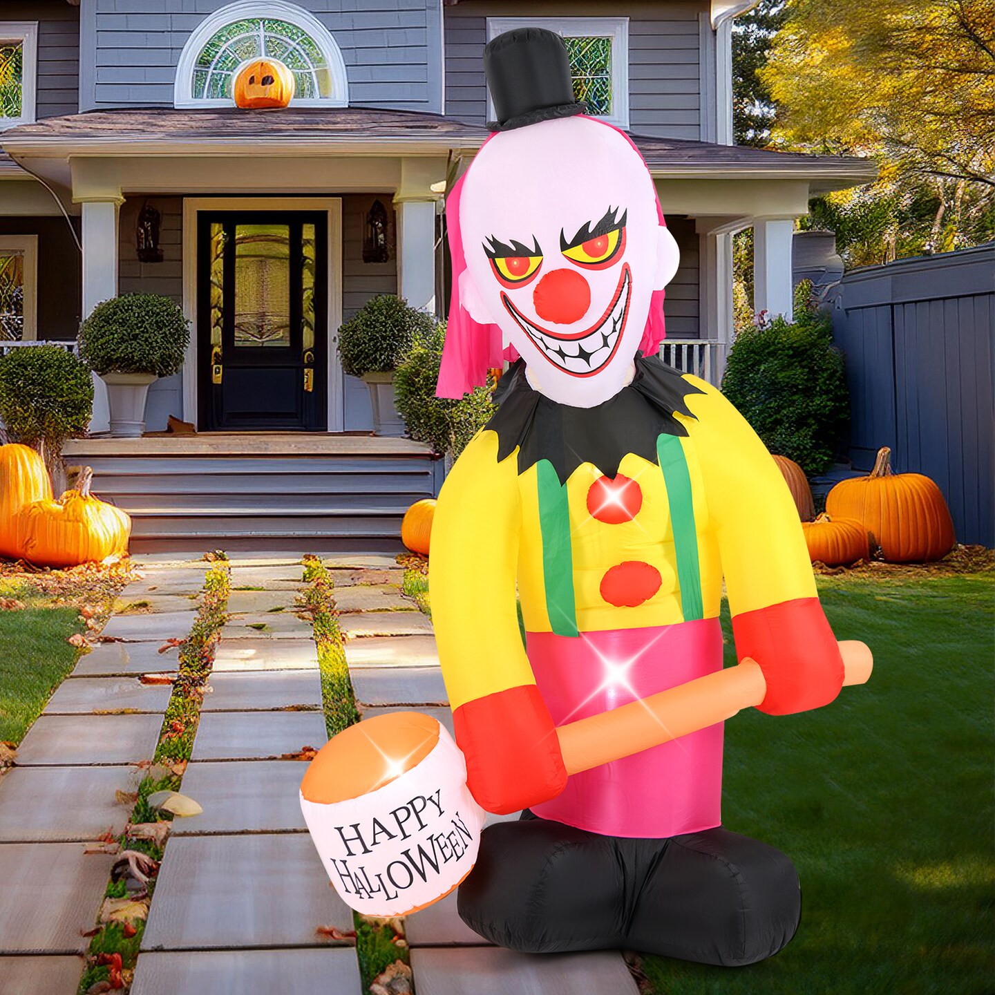Inflatable Halloween Head Turning Clown with Hammer and Flashing Eyes