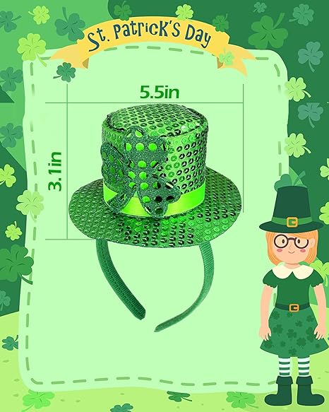 St. Patrick's Day Green Mini Top Hat Headband Irish Sequin Shamrock Leprechaun Hat Headband Saint Patty's Day Accessories for Men Women