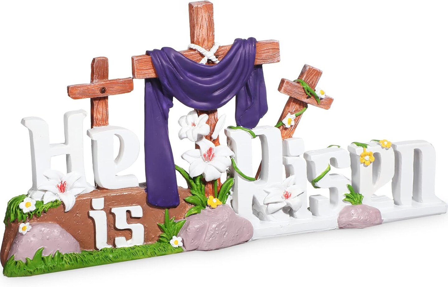 He is Risen Table Top Decoration Religious Easter Resin Cross Lily Flowers Jesus Hanger Table Centerpieces Easter Christian Sign for Rustic Farmhouse Home Room Dining Birthday Spring Decor(Cross)