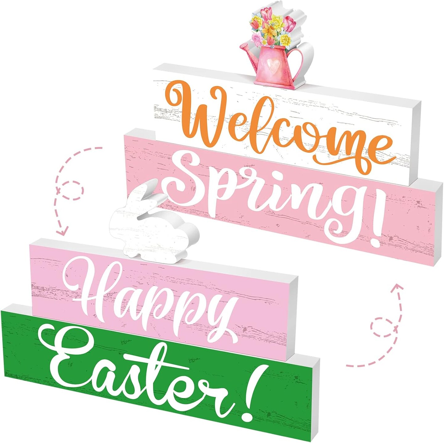 4 Pcs Spring and Easter Decorations Reversible Spring Wooden Signs Double Sided Rustic Welcome Spring Table Centerpieces Easter Tiered Tray Decor Bunny Wood Block for Home Tabletop Shelf Decor