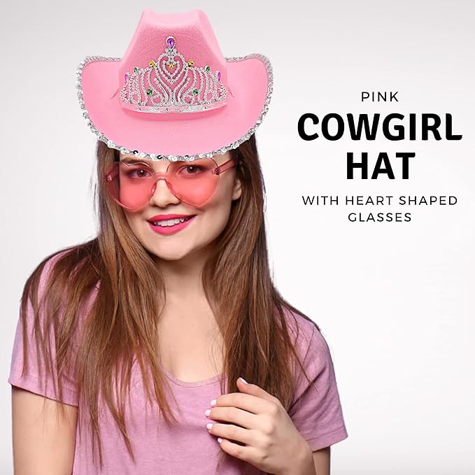 4E's Novelty Preppy Pink Cowboy Cowgirl Hat - Pink Cowgirl Hat Preppy with Sequin,Tiara & Heart Shaped Sunglasses