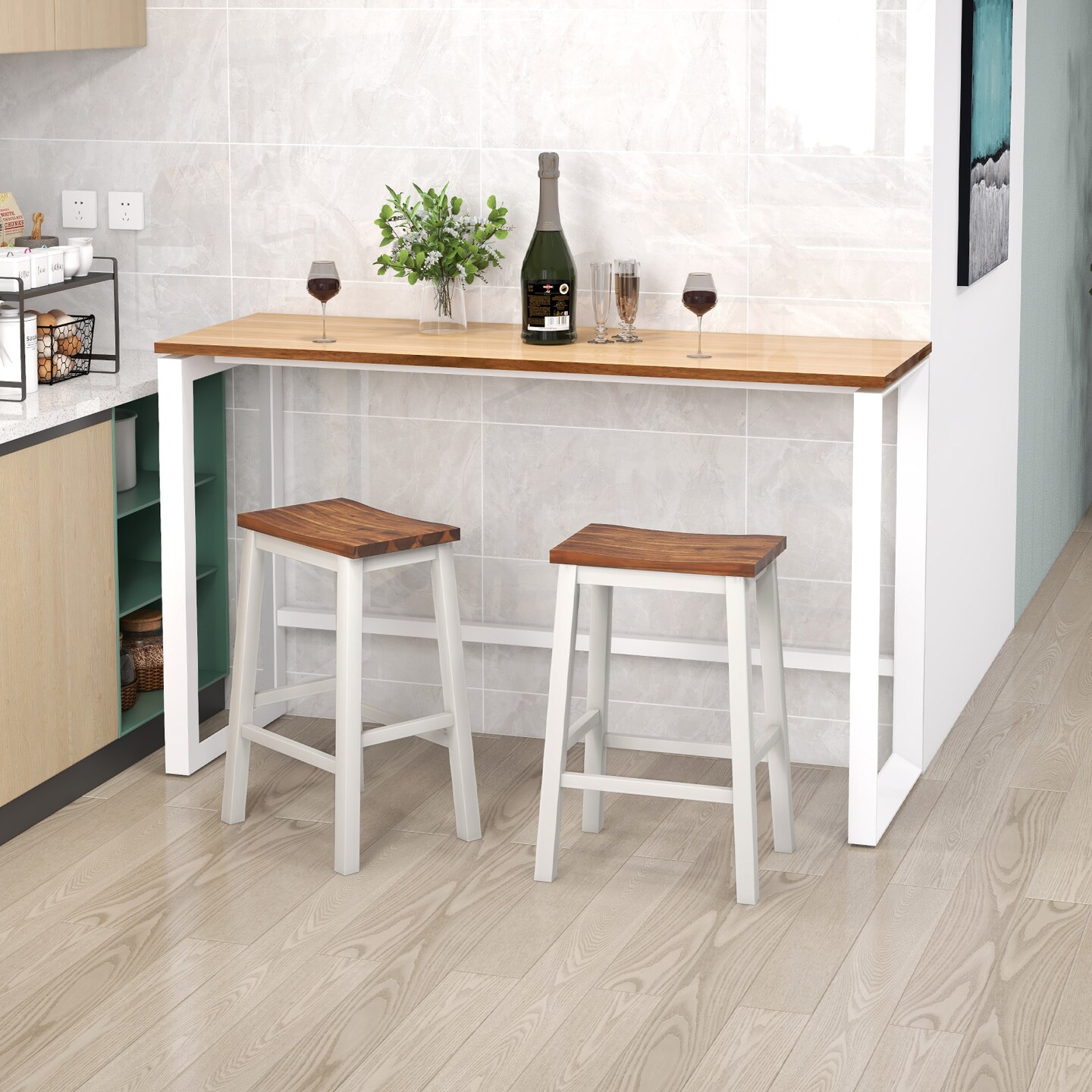 Rubber Wood Acacia Wood Saddle Bar Stools - Set of 2