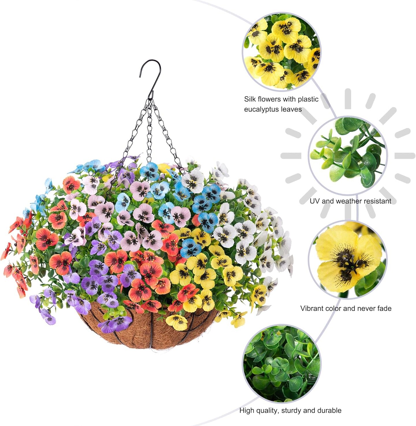 Artificial Pansies Fake Hanging Plants Flowers Basket for Outdoor Outside Decoration, 12 pcs Silk Pansy UV Resistant Look Real Colorful Faux Flowers for Home Porch Yard Patio Balcony Garden Arch Party