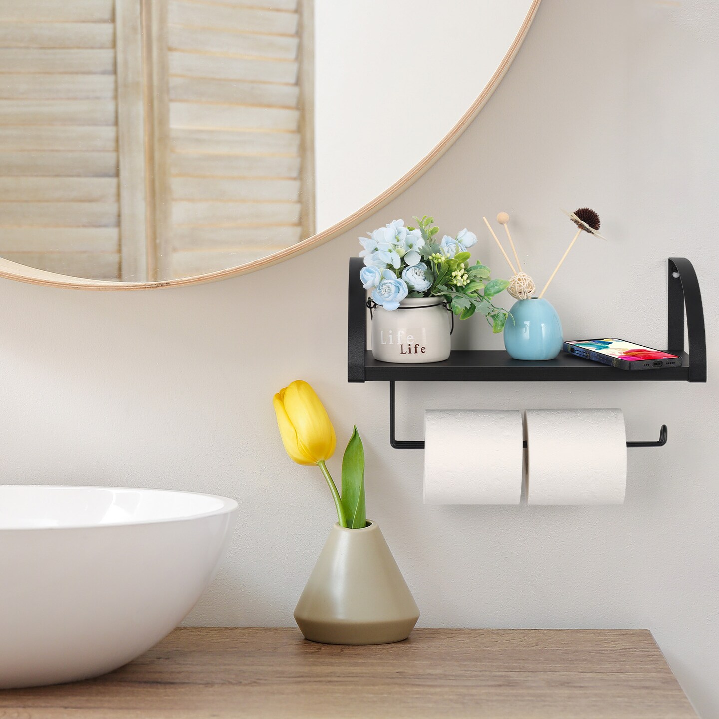 Black Paper Towel Holder with Shelf Farmhouse Paper Towel Holder Wall Mount Toilet Paper Holder Dispenser Wall Hanging Spice Rack for Kitchen Bathroom Cabinets Storage Organizer