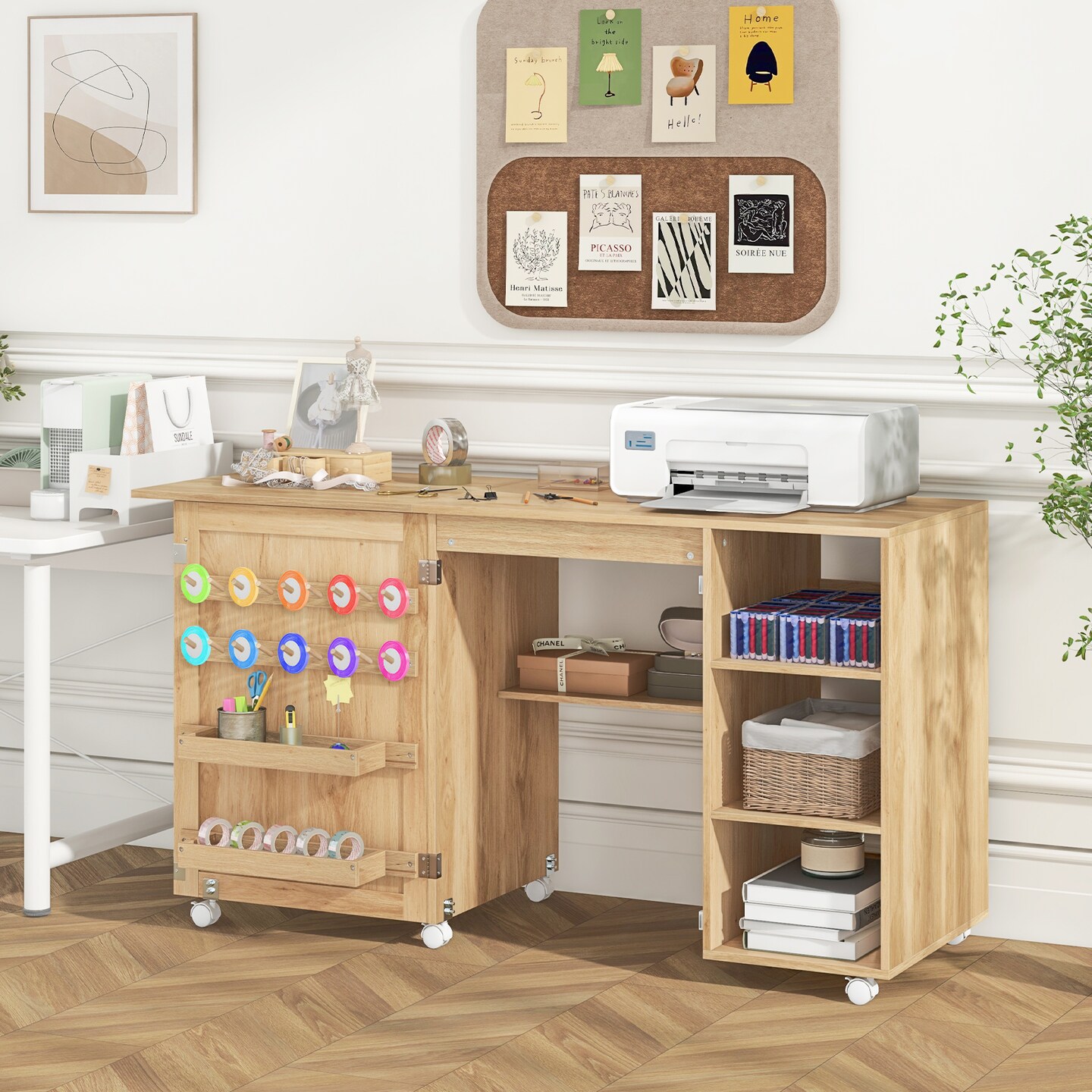 Natural Multipurpose Folding Sewing Table Craft Station with Rattan Door