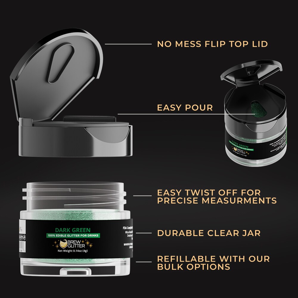 Brew Glitter - Dark Green Edible Drink Glitter (4g, x1 Flip-Cap Jar) for Beer, Cocktails and Beverages