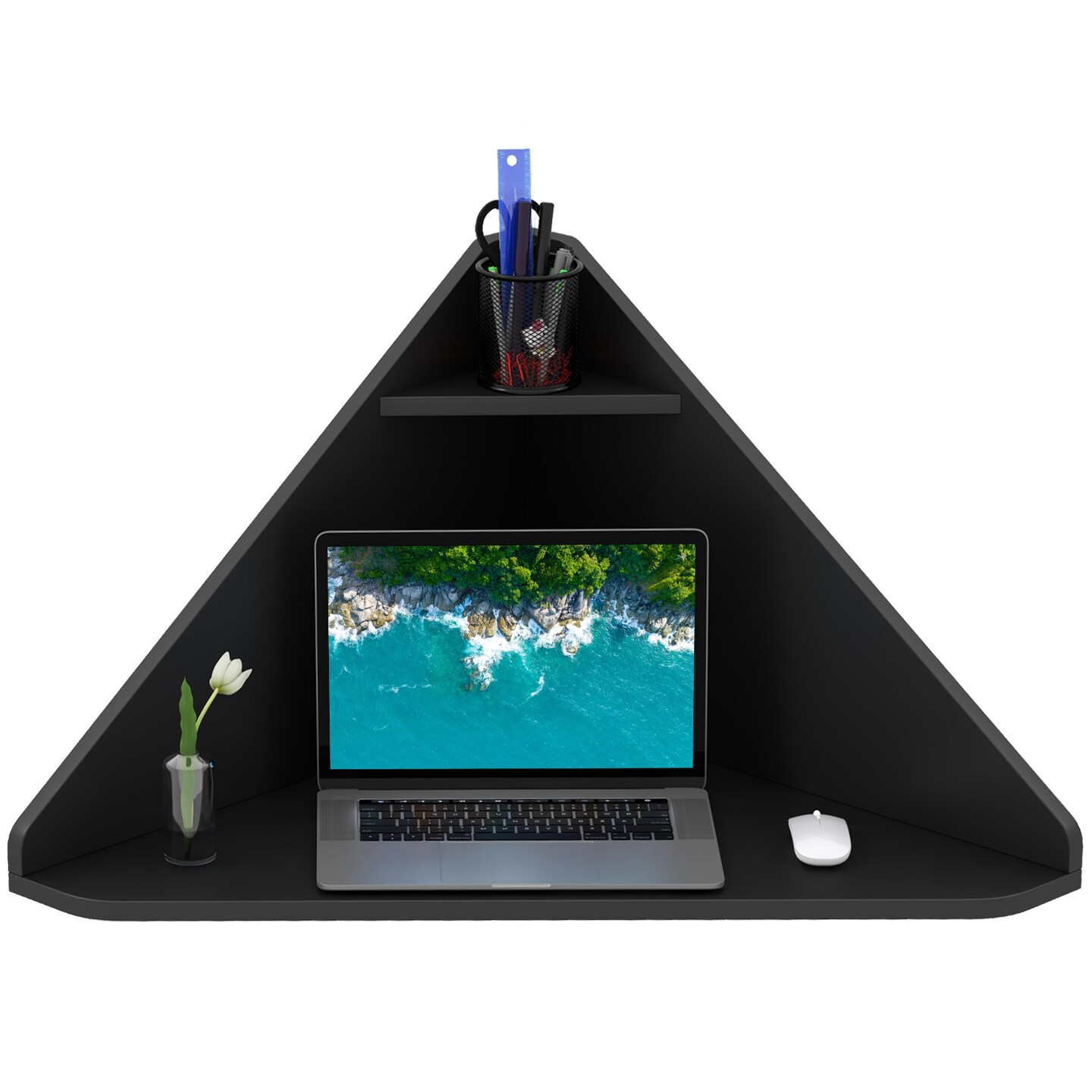 Floating Triangular Corner Computer Desk with Storage Shelf Wall-Mounted