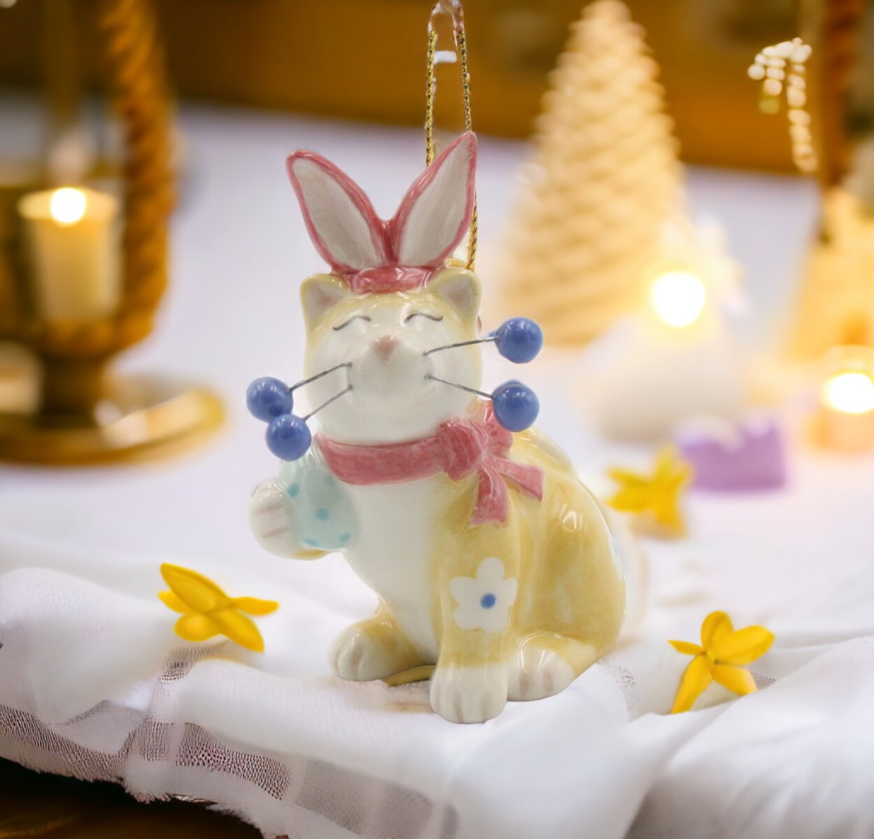 Ceramic Whiskered Cat with Easter Bunny Ears Ornament, Gift for Her, Mom, Kitchen D&#xE9;cor, Spring D&#xE9;cor, Easter D&#xE9;cor, Cat Lover Gift