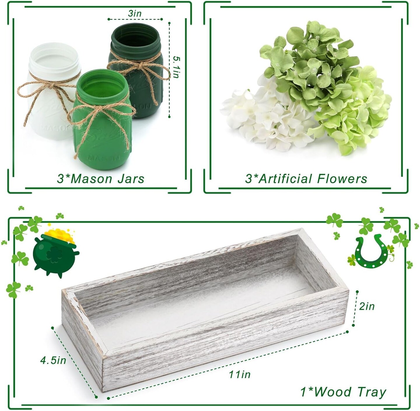 St Patrick Decorations, Green Mason Jar Centerpiece for Table with Wood Tray &#x26; Flowers Set of 3