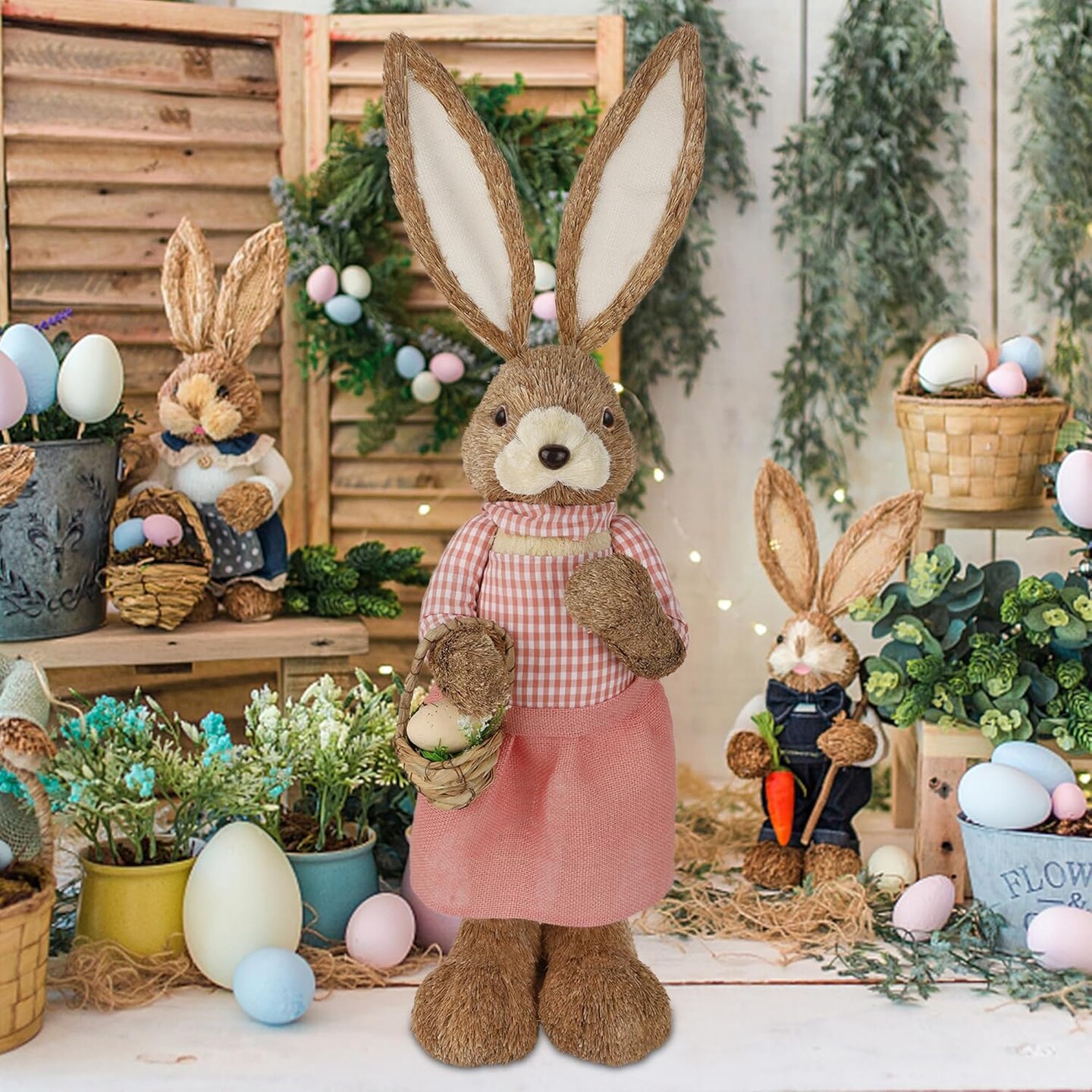 Easter Bunny Decor, 2.7FT Large Rabbit Statue with Easter Basket Eggs Outdoor Decorations, Straw Standing Bunnies Figurine Spring Decor for Porch Home Farmhouse Entryways Photo Props (Girl)
