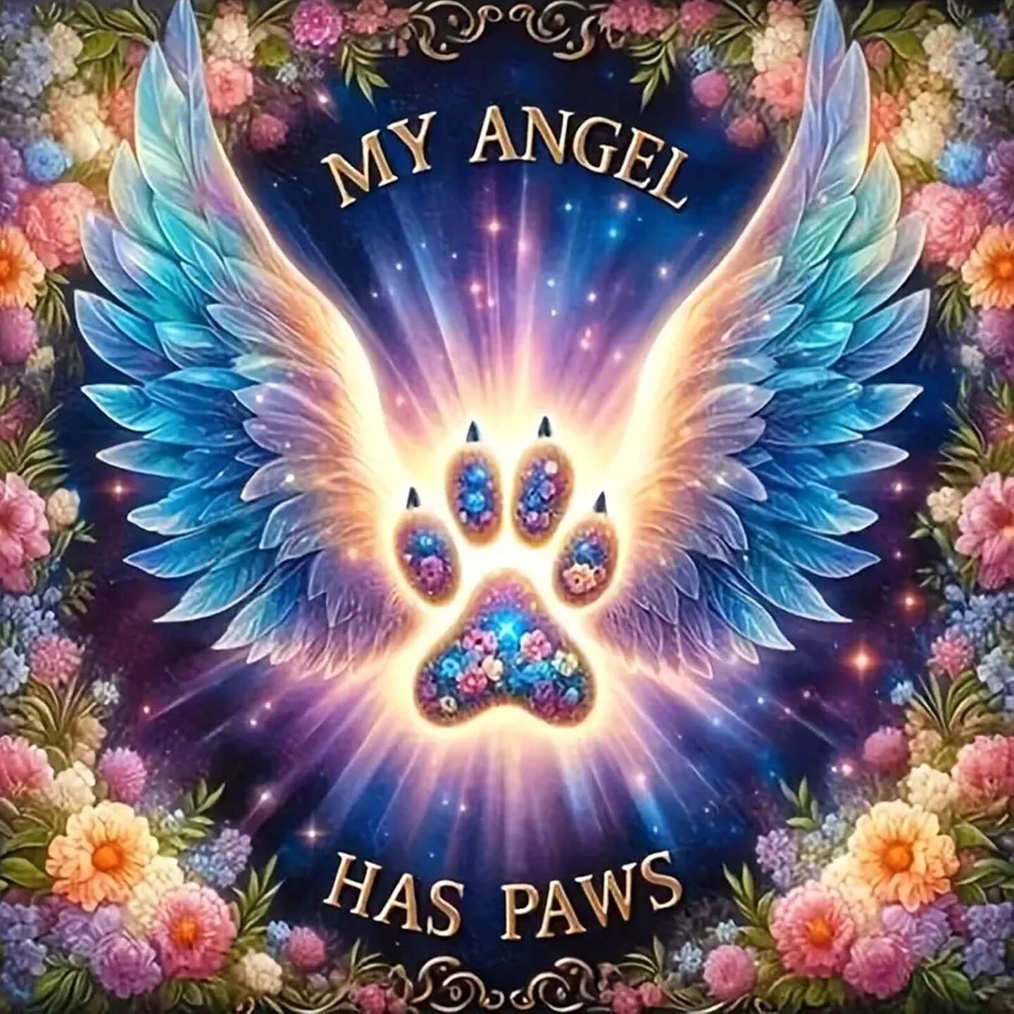 My Angel Has Paws 5D Diamond Painting Kits for Adults, Angel Wings Flowers Diamond Art Kit for Beginner