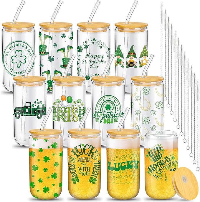 12 Set St Patrick&#x27;s Day Glass Cups 16oz Drinking Glasses with Lids and Straws,Irish Shamrock Can Shaped Iced Coffee Cup for Lucky St Patrick&#x27;s Day Party Supplies Gifts(Cute Style)