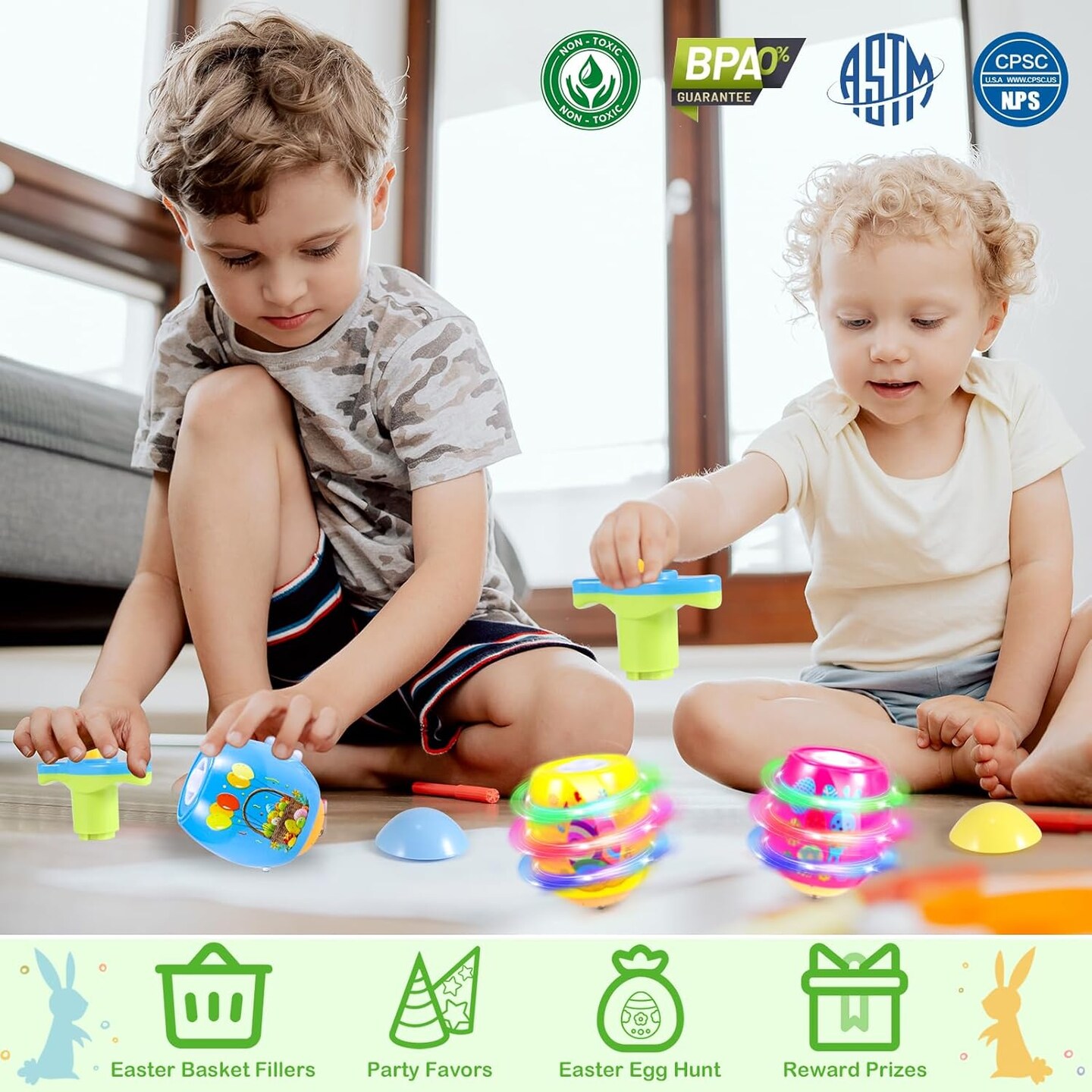 Light Up Easter Eggs Toy Gifts for Kids, 6 Cute Easter Egg Spinning Tops with Flash &#x26; Music