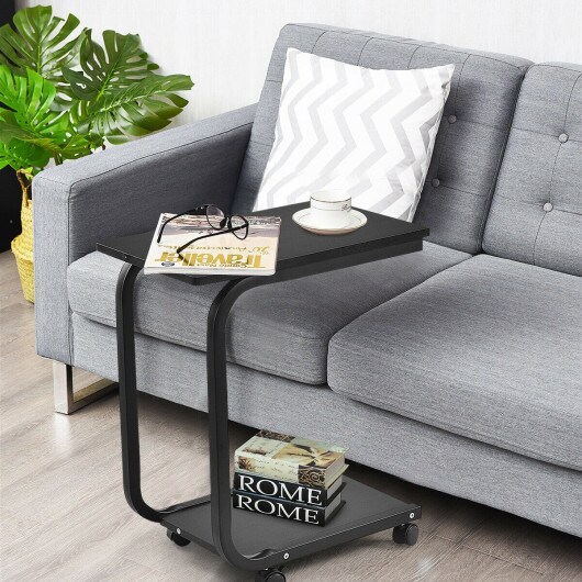 2-Tier Black Side Table with Wheels Rolling Bedside Nightstand with Shelves for Small Spaces