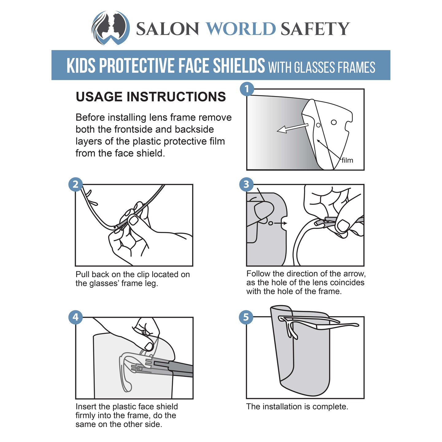 Salon World Safety Kids Face Shields with Glasses Frames (5 Pack) - 5 Colors, 1 Each - Protective Children&#x27;s Full Face Shields - Anti-Fog PET Plastic
