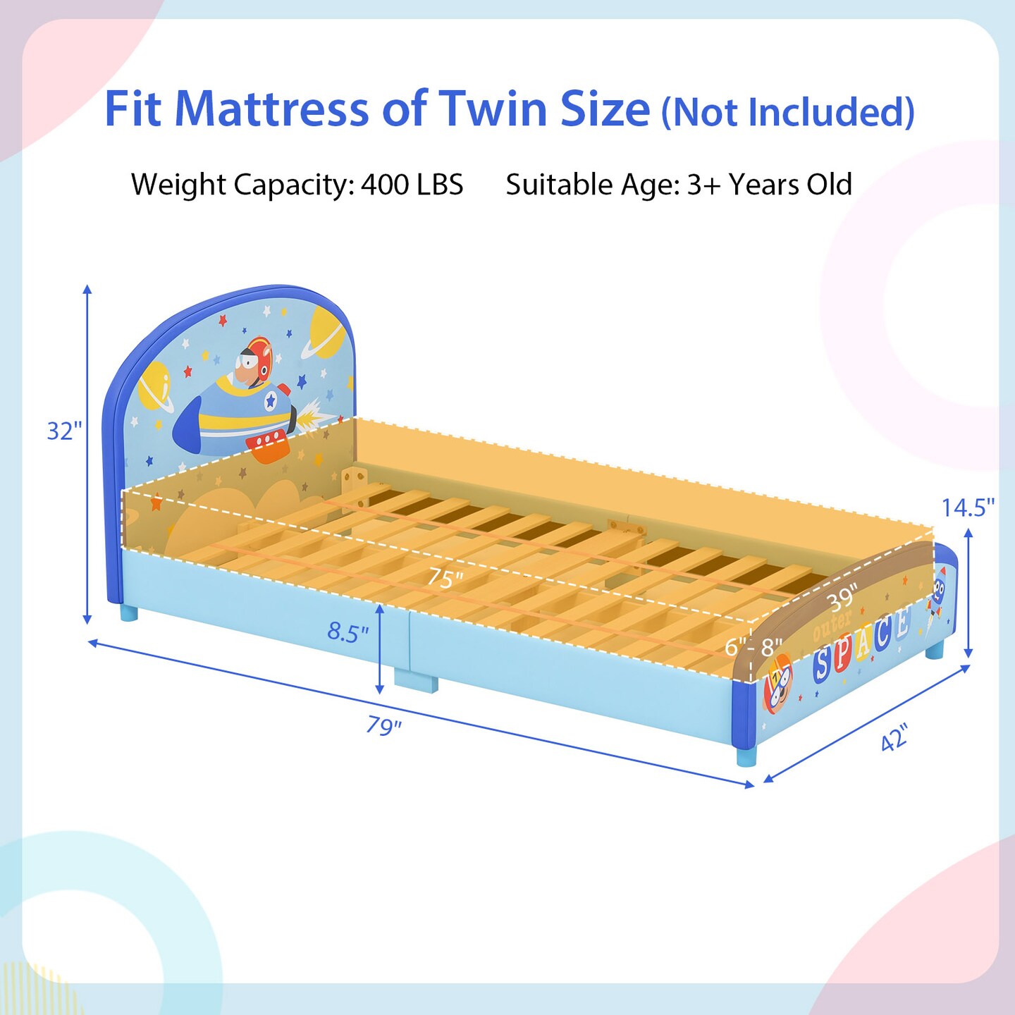 Wood Upholstered Kids Twin Bed Platform with Slat Support