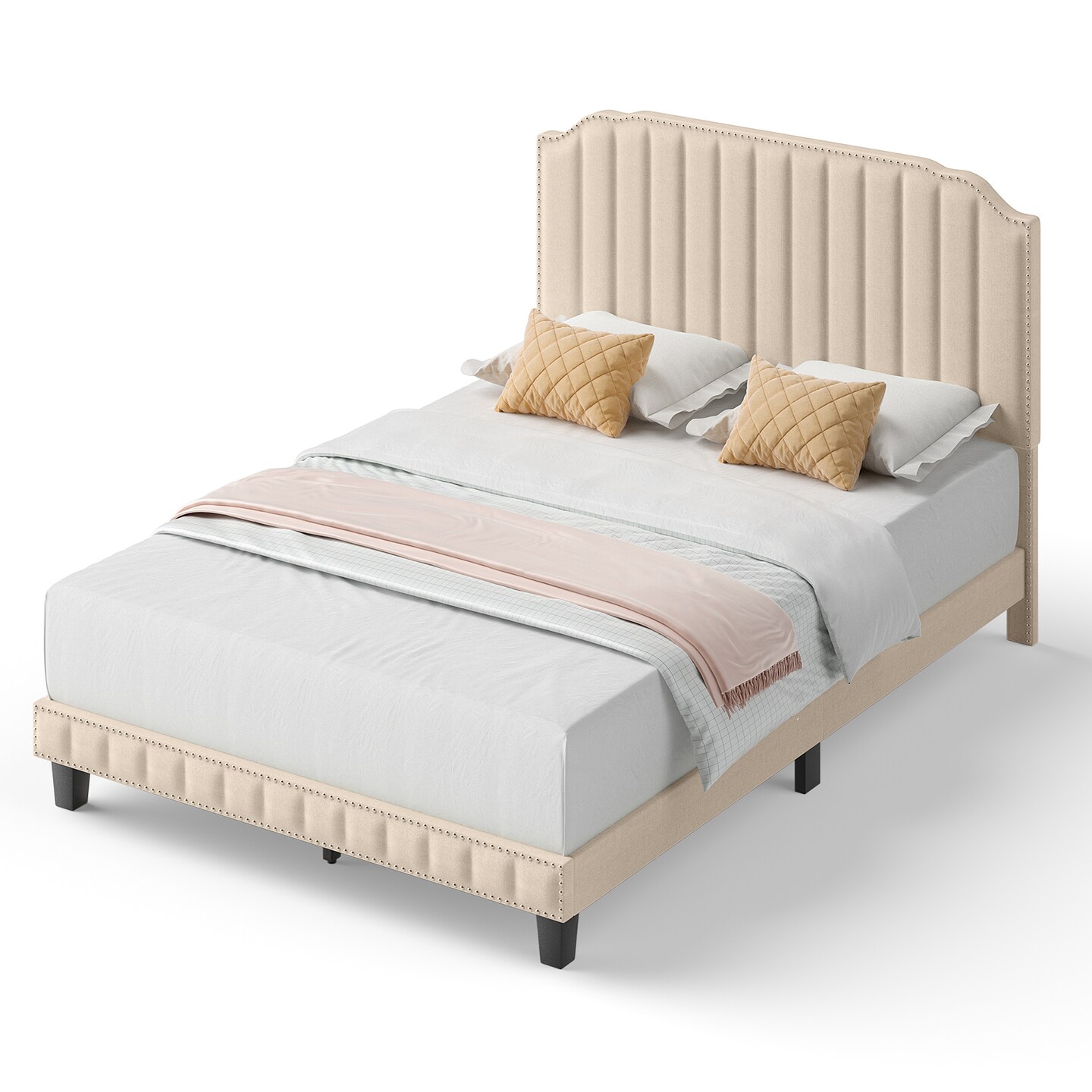 Metal Heavy Duty Upholstered Bed Frame with Rivet Headboard and Sturdy Support