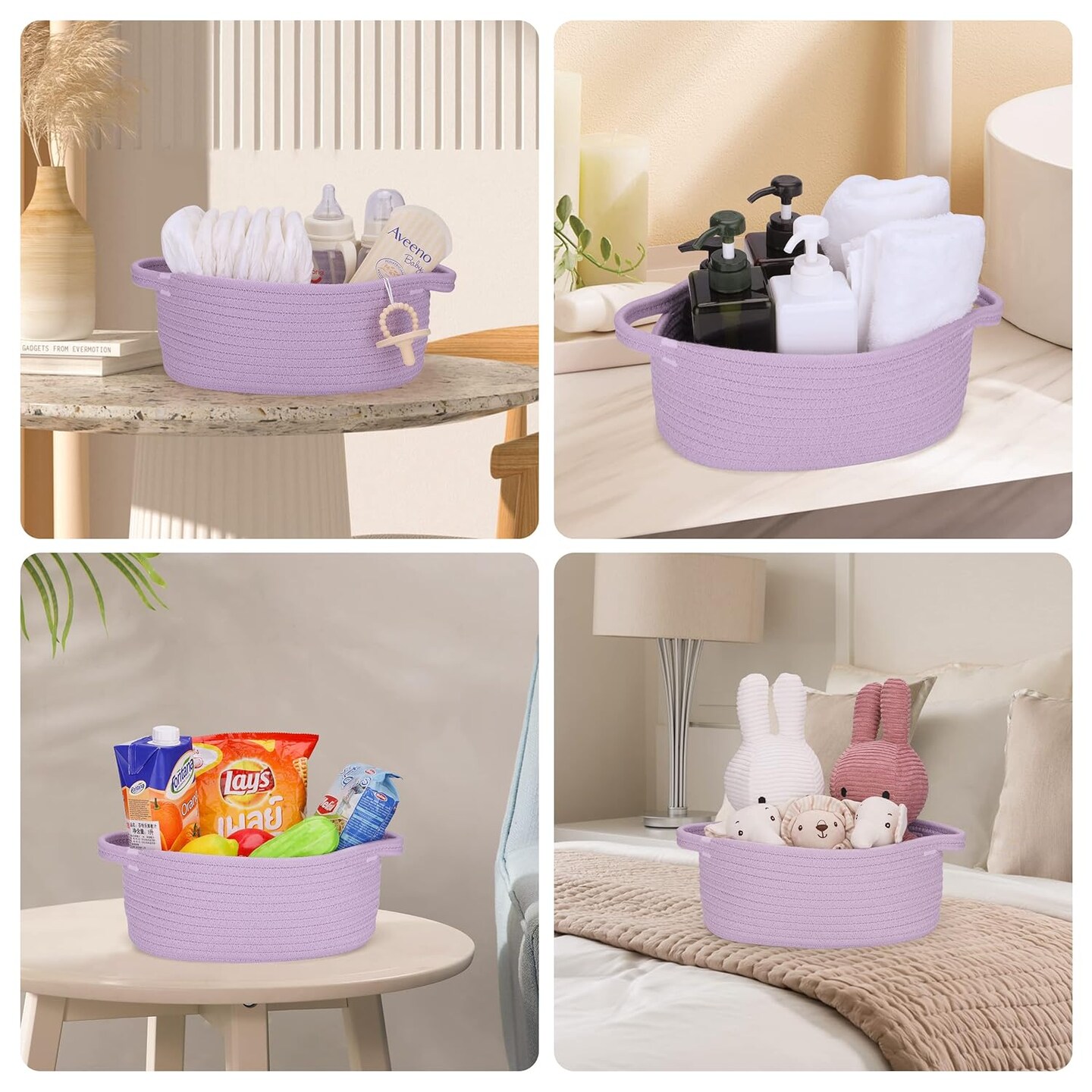 Small Woven Basket Cute Oval Cotton Rope Gifts Basket with Handle Empty Baby Wicker Storage Basket Nursery Box Bin Kids Organizer Cat Dog Toy Basket Easter Basket Light Purple Lavendor