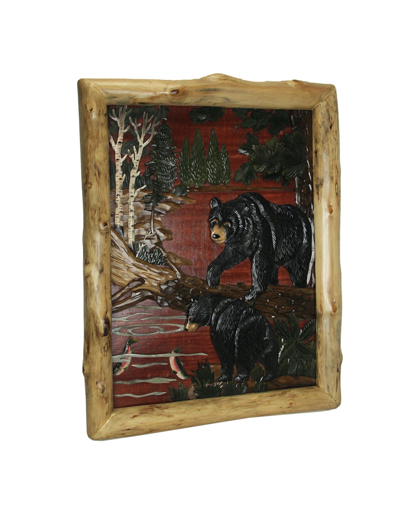 Natural Wood Bear And Cub Hand Carved Wall Art Cabin Style Lodge Home Decor