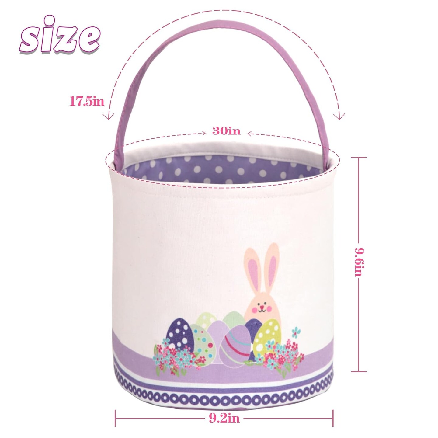 Easter Bunny Basket Egg Buckets, Purple Cute Personalized Canvas Cotton Tote Bags Egg Hunt Basket for Easter Party Gifts