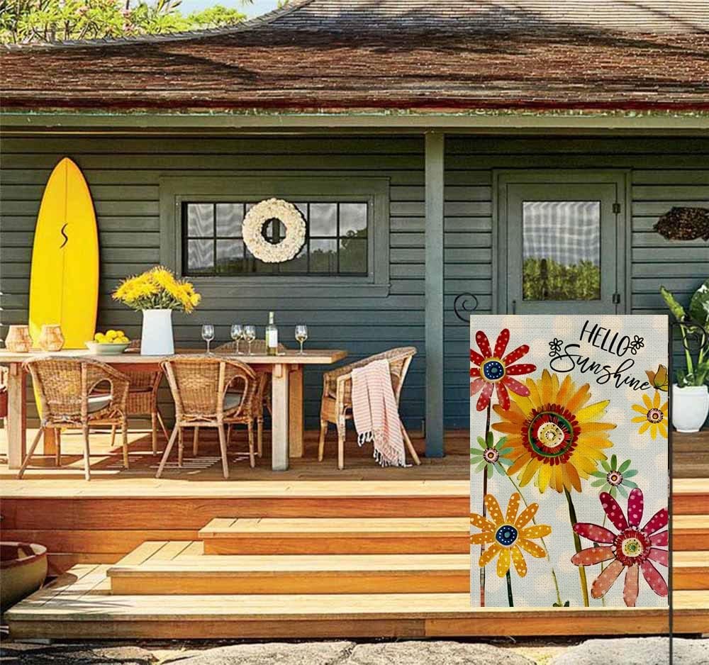 Spring Flowers Garden Flag 12x18 Inch Double Sided,Hello Sunshine Sunflower Daisy Small Yard Flags for Outdoor,Summer Seasonal Decoration for Farmhouse Holiday Outside
