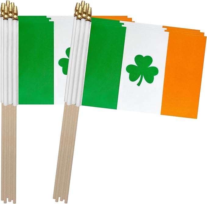 TSMD Ireland Irish Shamrock Stick Flag Saint Patrick&#x27;s Day Clover Small Mini Hand Held Flags,5x8 Inch,12 Pack