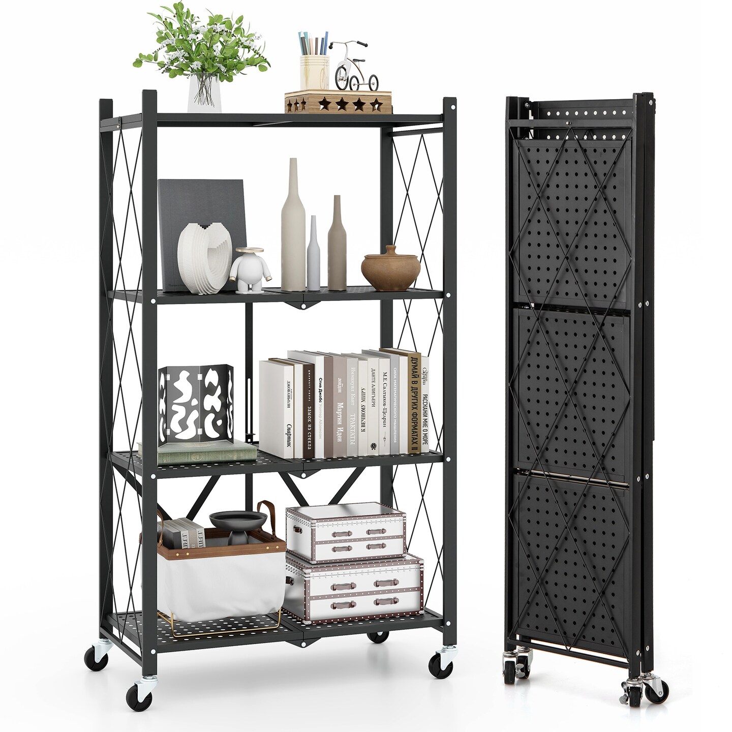 4-Tier Black Fold-able Storage Shelf Collapsible Storage Rack with Lockable Wheels