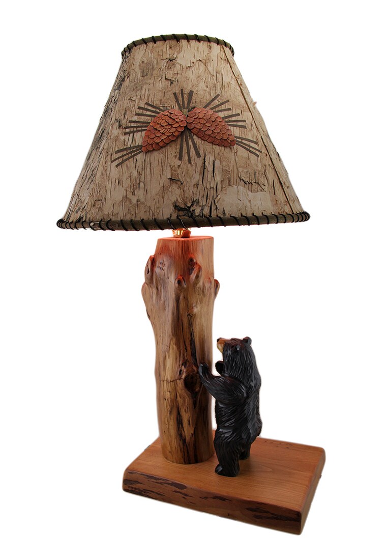 Handcrafted Rustic Wood Black Bear Lamp w/Decorative Bark Shade