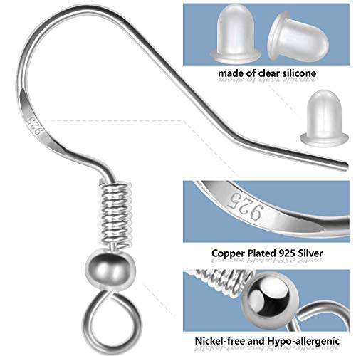 150 PCS/75 Pairs 925 Sterling Silver Earring Hooks ,Ear Wires Fish Hooks,500pcs Hypoallergenic Earring Making kit with Jump Rings and Clear Silicone Backs Stoppers (Silver)