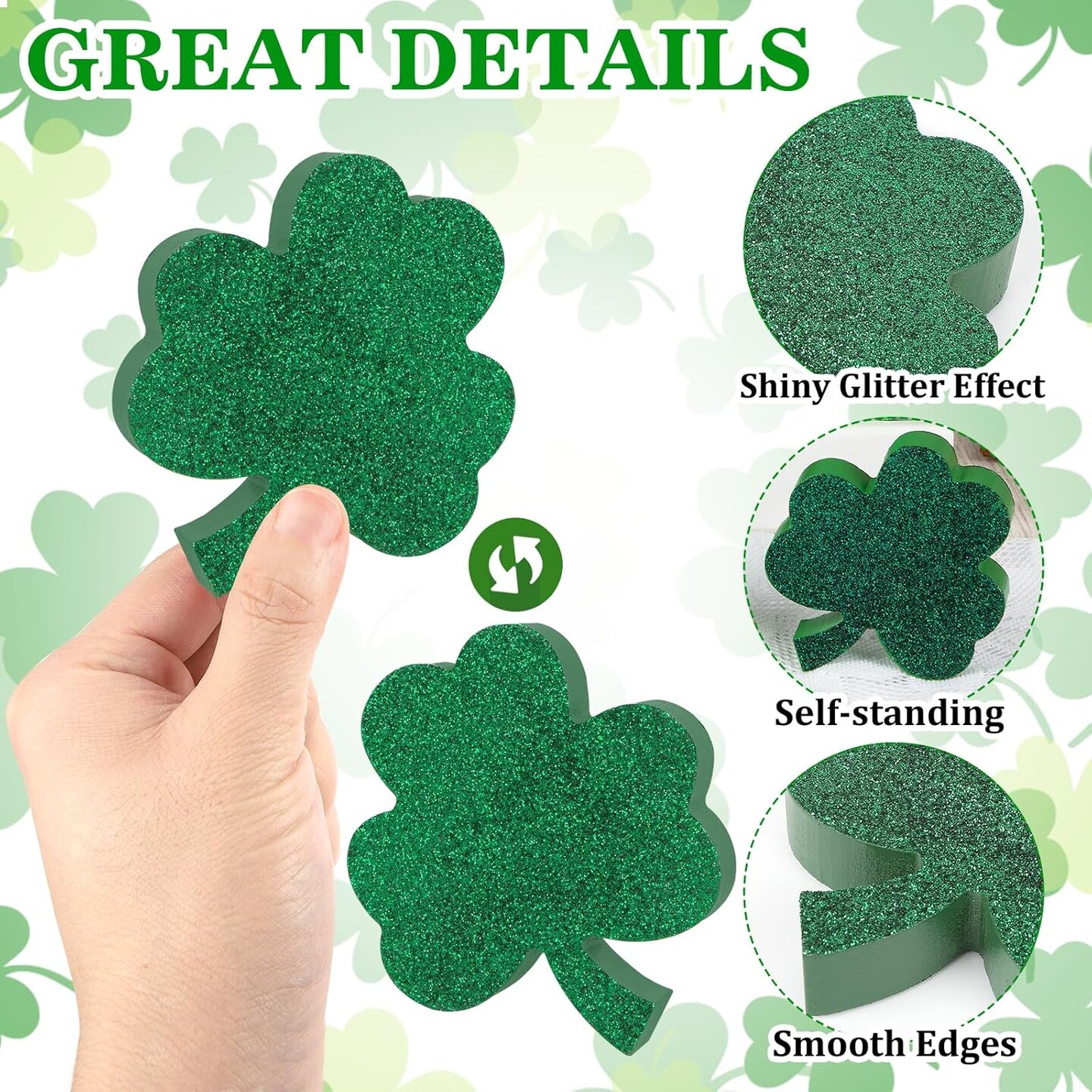 St. Patrick's Day Shamrock Decorations, Wooden Saint Patrick Day Tiered Tray Decor Set of 6, Green Clover Table Top Decoration for Home, Shelf, Door, Office Party (Glitter Solid)