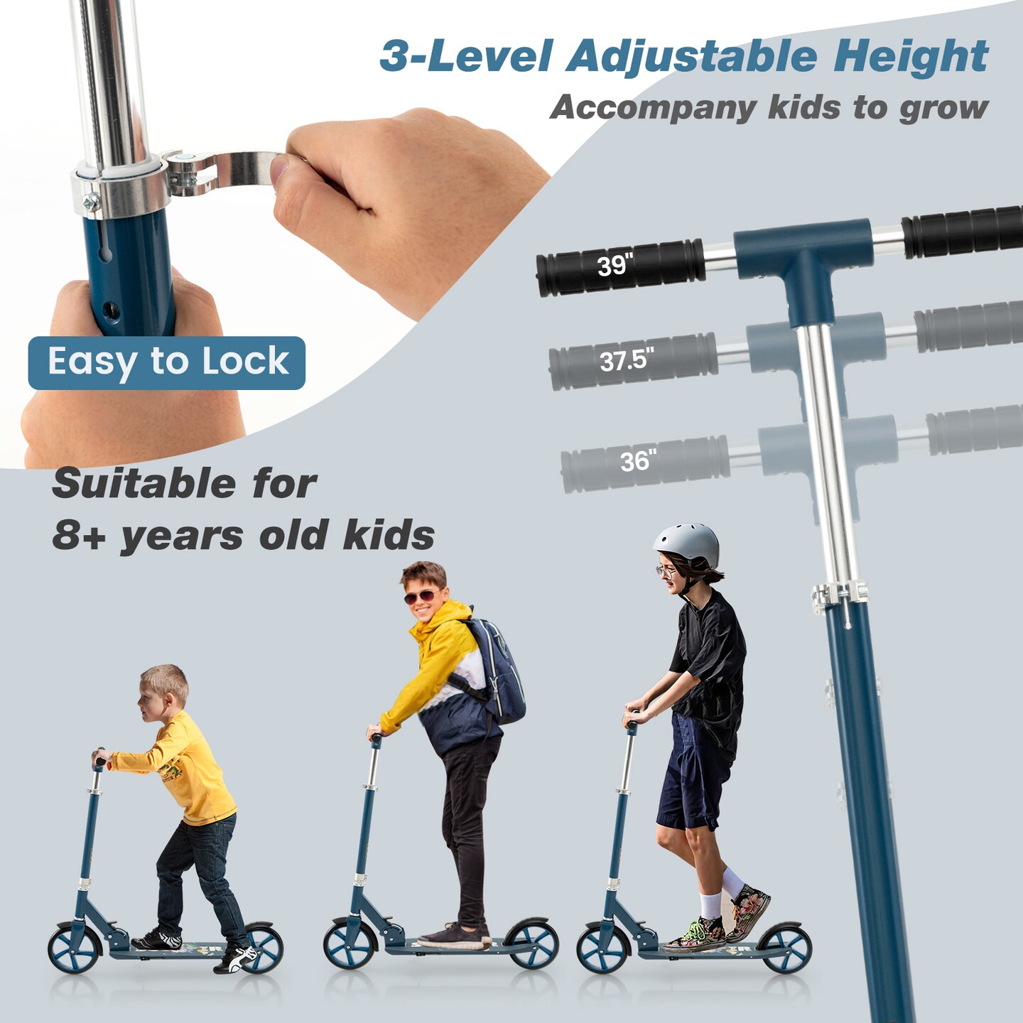 Silver Aluminum Alloy Folding Scooter with 3 Adjustable Heights for Kids & Adults