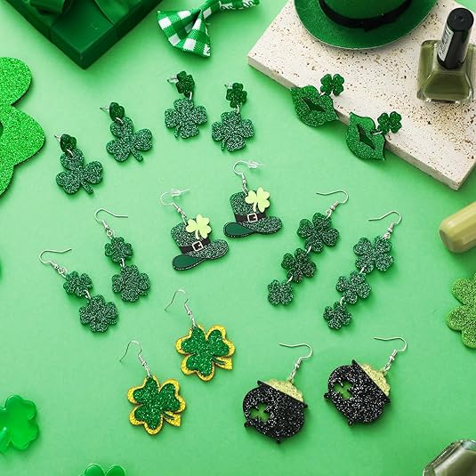 8 Pairs St. Patrick&#x27;s Day Earrings for Women Acrylic Stud Irish Shamrock Dangle Earrings Green Hat Gold Pot Four Leaf Clover Earrings for Festival St Patty&#x27;s Jewelry