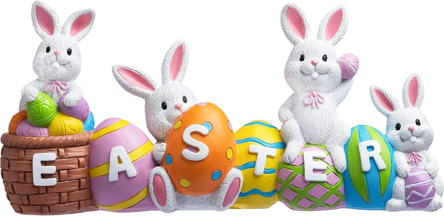 Easter Bunny Eggs with The Word Easter Resin Centerpiece Decor 4 Rabbits Bunny & Egg Tabletop