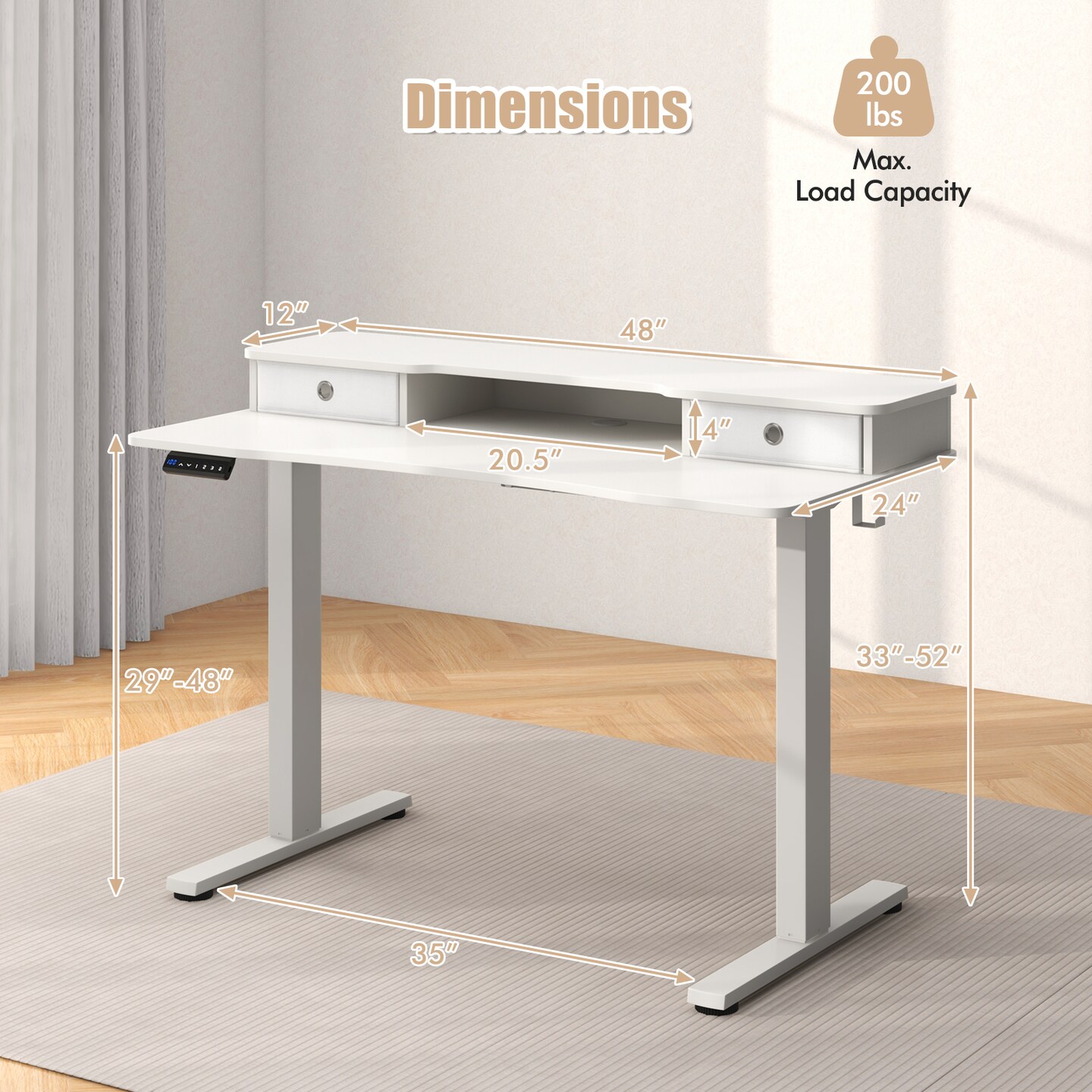 White Height Adjustable Electric Standing Desk with 2 Fabric Drawers