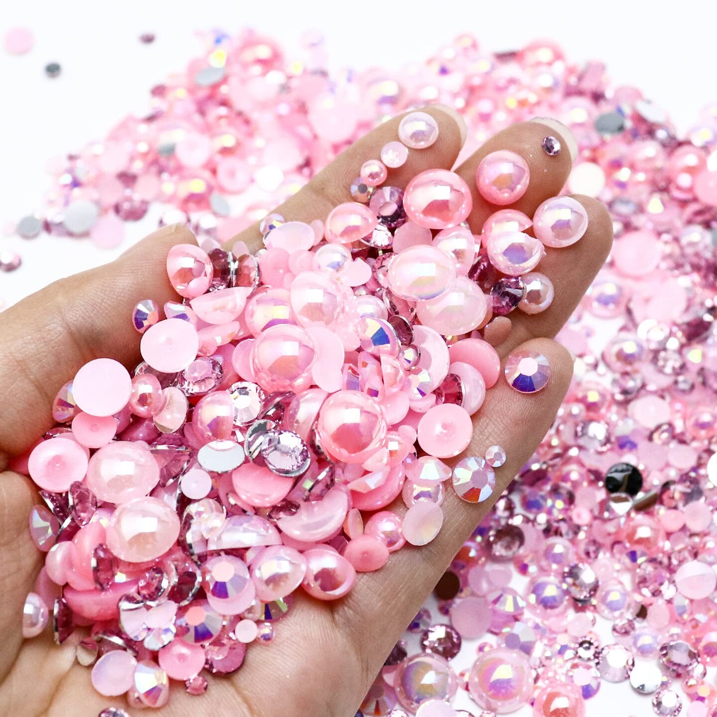 60g Mix Pearls and Rhinestones for Crafts, 2mm-10mm Pink Pearl Rhinestones for Shoes Nails Face Art, Tumbler Bedazzling Half Pearls and Rhinestones Gems, with Picker Pen
