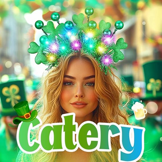 St Patrick&#x27;s Day Headband Light Up Green Shamrock Hair Band Ball Irish Headwear Costume Accessories for Women and Girls