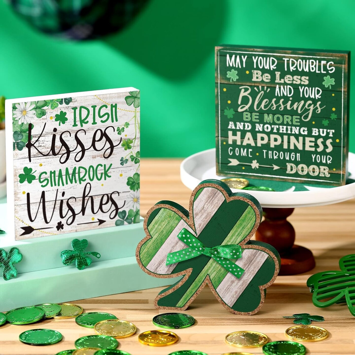 3 Pcs Farmhouse St. Patrick's Day Table Sign Shamrock Leprechaun Hat Table Wood Decorations St Patrick's Day Tiered Tray Decor for St Patrick's Day Home Table Farmhouse (Hat)