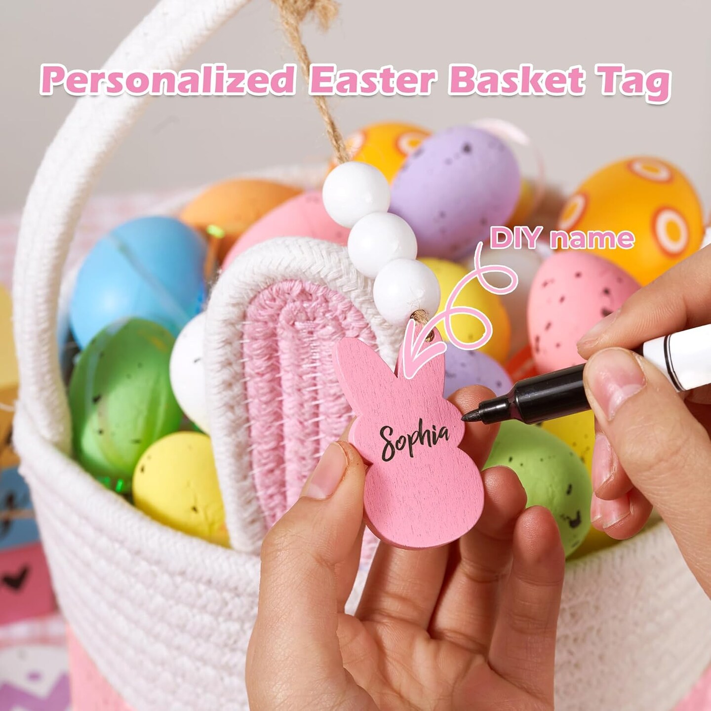 Easter Baskets for Kids, Pink Large Woven Rope Bunny Personalized Easter Basket Empty with Handle, Basket Name Tag, Baby Egg Easter Baskets for Girls, Boys, Toddler, Babies, Infant, Easter Gifts