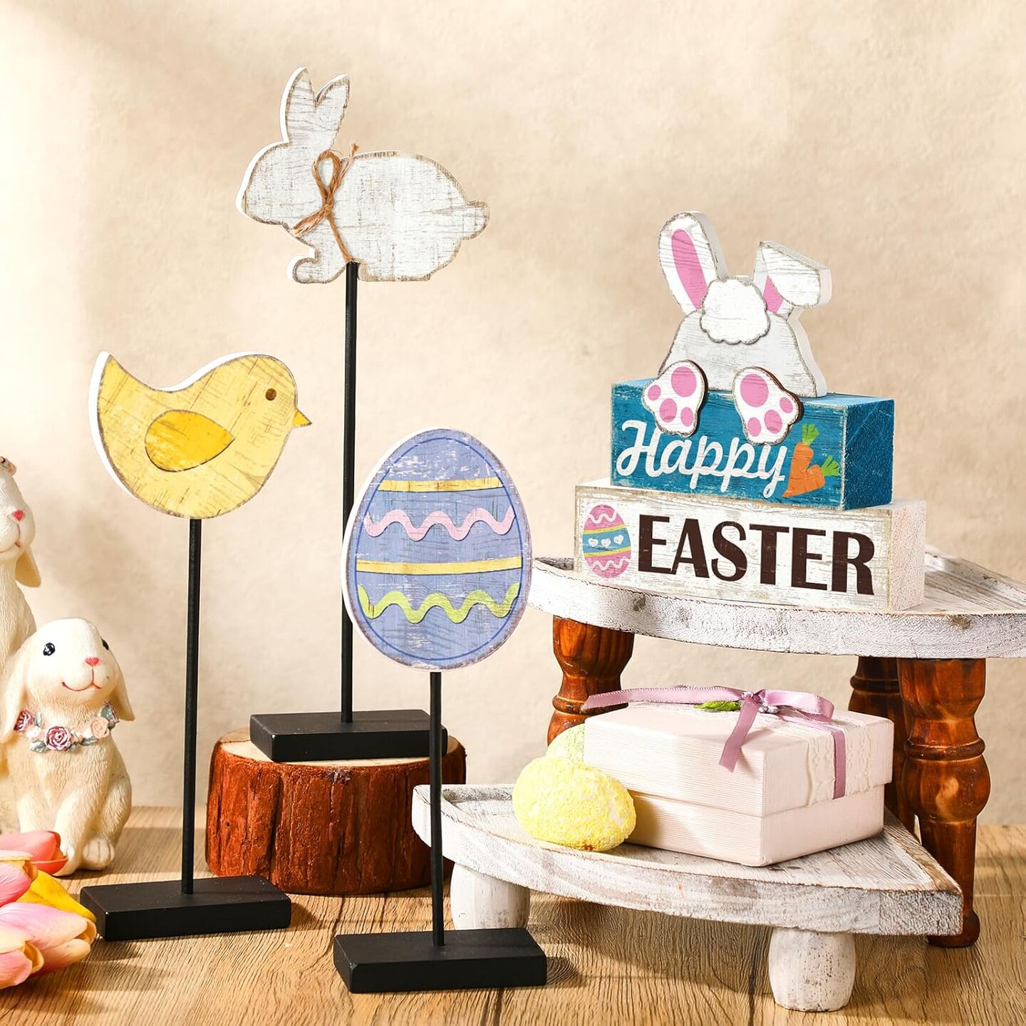 6 Pcs Easter Wooden Bunny Table Decor Bunny Block Sign Easter Decoration for Home Rustic