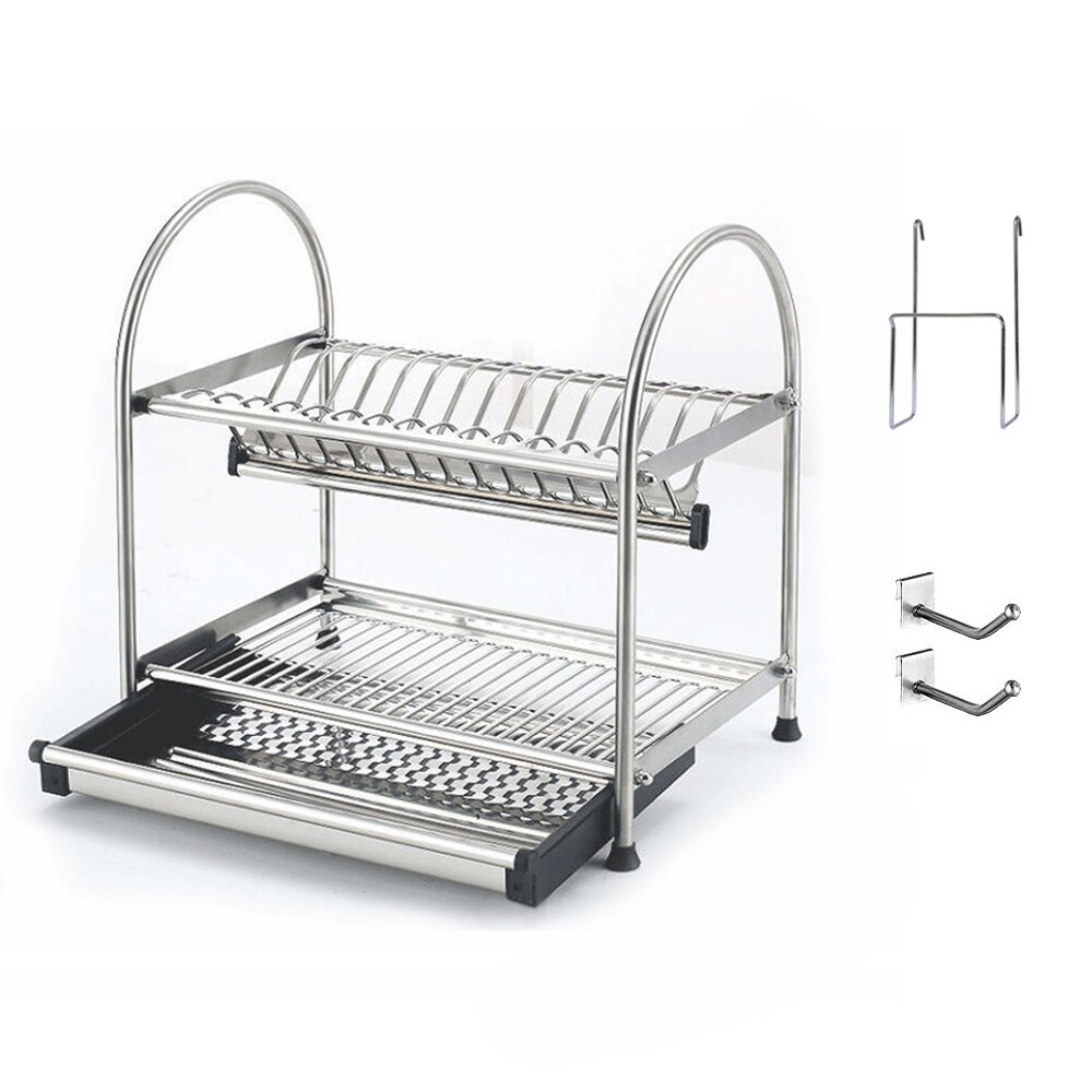 2-Tier Small Dish Drying Rack with Drainboard & Cutting Board Holder for Kitchen