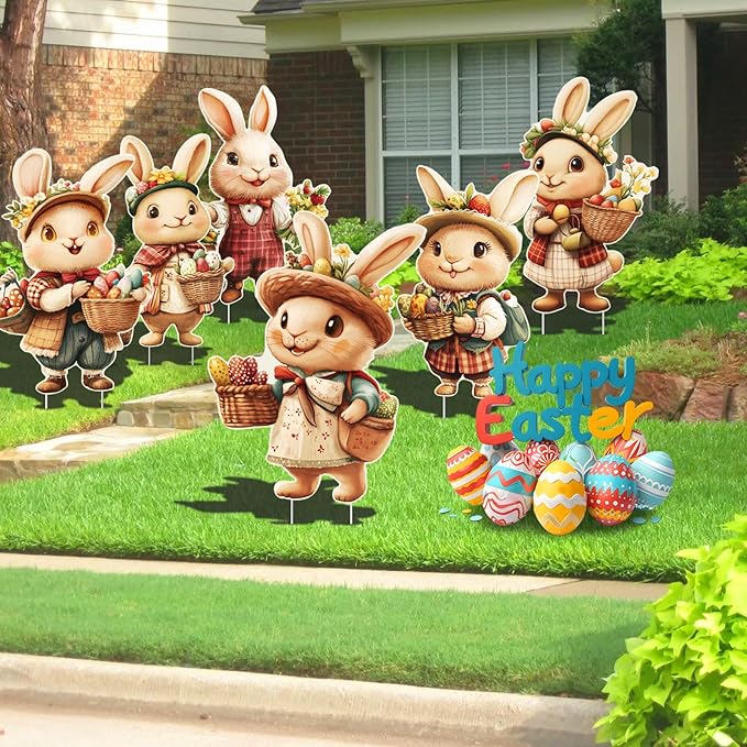 6 PCS Easter Bunny Decorations Outdoor Easter Bunny Yard Signs Cute Easter Yard Decorations Outdoor with 12 Plastic Stakes Waterproof Easter Bunny Lawn Signs Spring Home Garden Decor