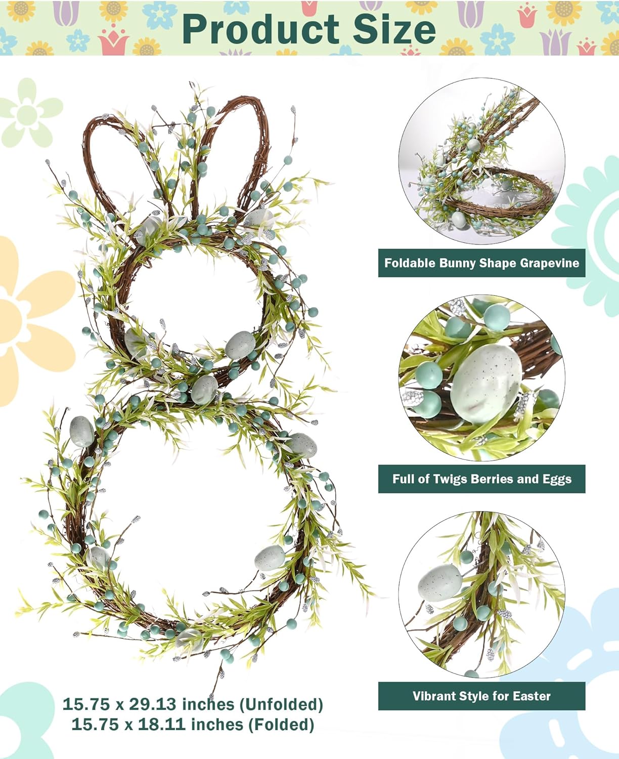 Easter Bunny Spring Wreath with Egg, Twig and Berries Green Rabbit Easter Wreath for Front Door Decorations Home Farmhouse Outdoor Indoor Wall Mantel Window