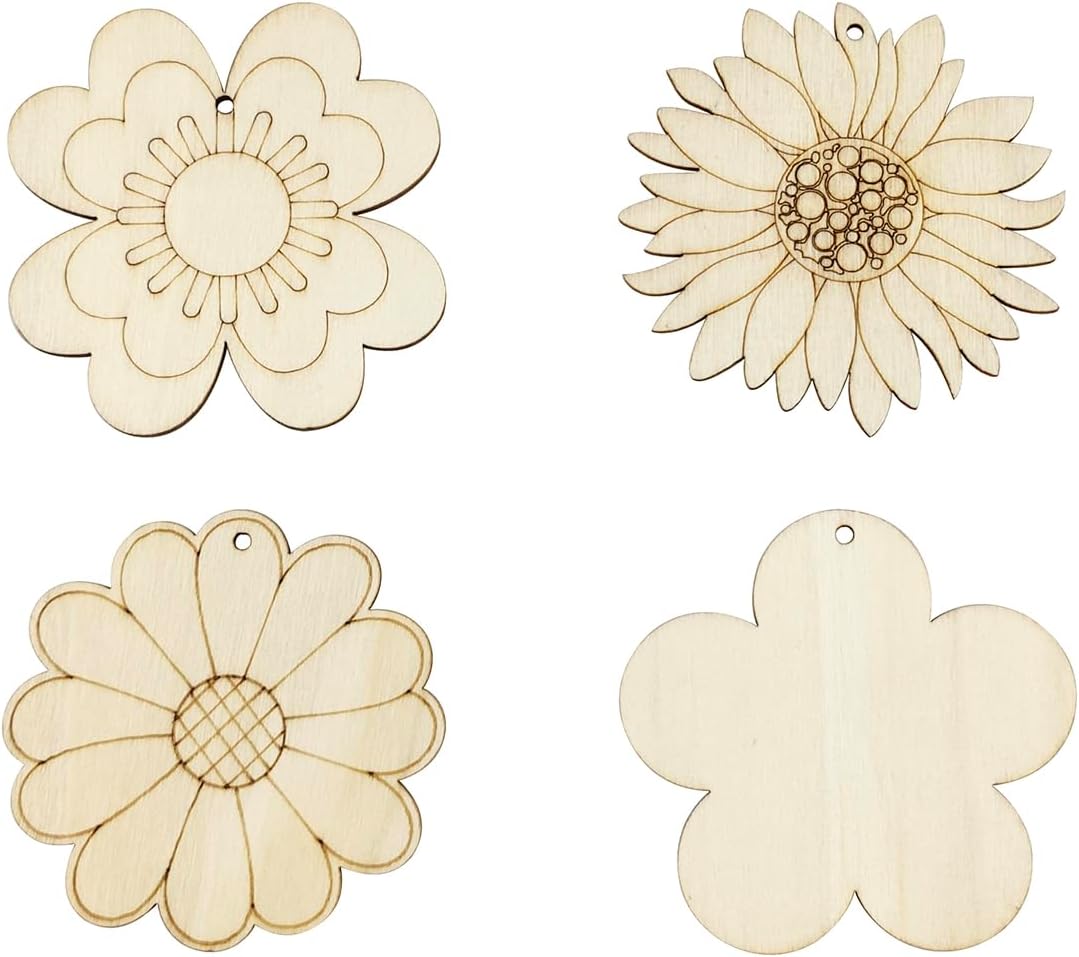 32 Pack Wood Flower Cutouts Unfinished Wooden Flower Hanging Ornaments DIY Flower Craft Gift Tags for Thanksgiving Christmas Home Party Decoration Craft Project
