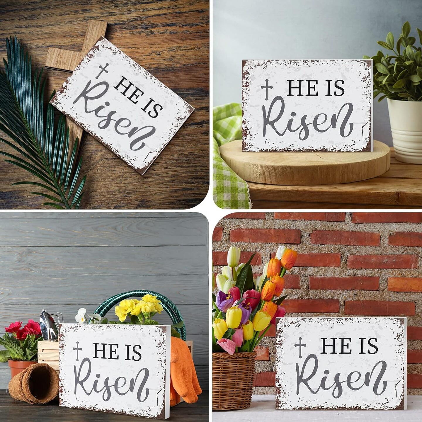 Easter He is Risen Wood Block Sign 5 x 7 Inches Christian Desk Decor Bible Verse Wooden Sign Cross Rustic Religious Tabletop Signs for Home Farmhouse Table Shelf Kitchen Decorations(White Style)