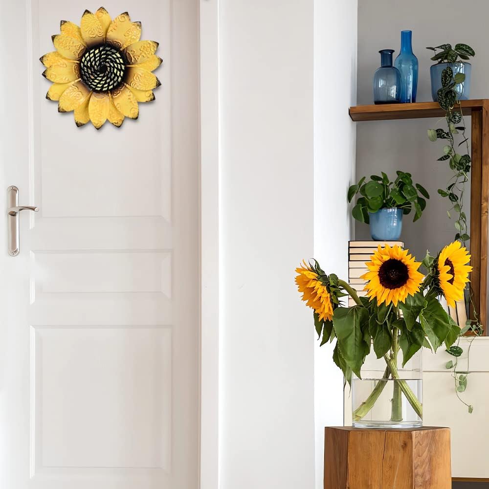 Sunflower Wall Decor - 9 inch Metal Flower Wall Art Decorations, Sunflower Yard Garden Decor Hanging for Kitchen, Bathroom, Bedroom, Set of 3 Handmade Gift for Home, Indoor or Outdoor