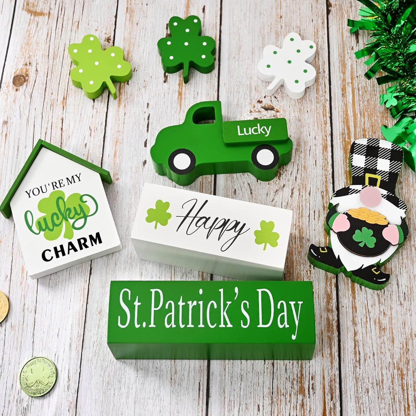 St Patricks Day Decorations, Green Truck Shamrock Decorations with Gnome Wooden Block Sign