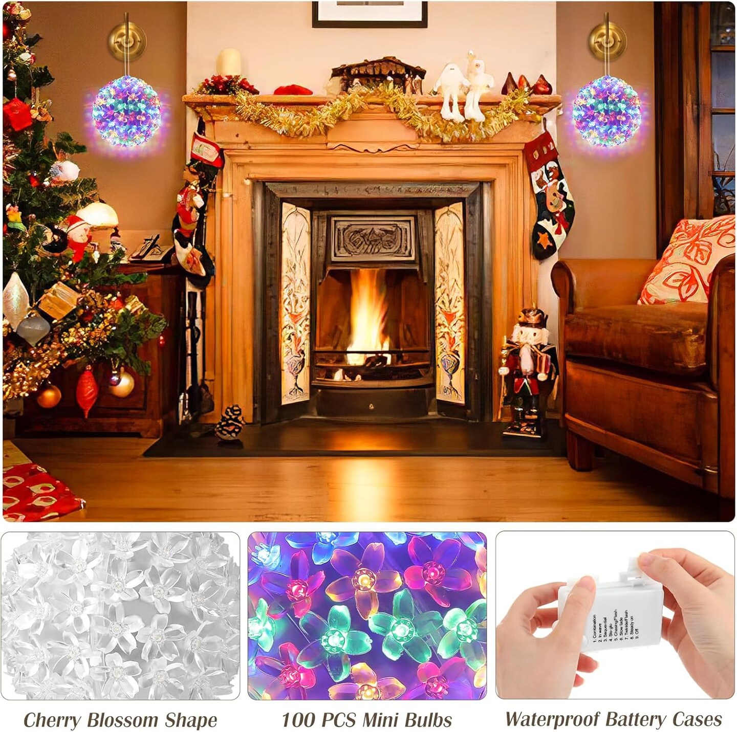 Christmas Light Ball Cherry Blossom Sphere, Battery Powered Christmas Window Lights Indoor, 2 Pack Hanging Lights for Outdoor Christmas Decoration with Timer Function, Colorful Light
